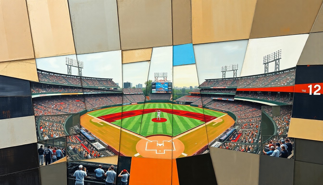 A cubist-style painting featuring overlapping geometric shapes and planes in muted earth tones with pops of bright blue and red, capturing the fragmented action and energy of a baseball game.