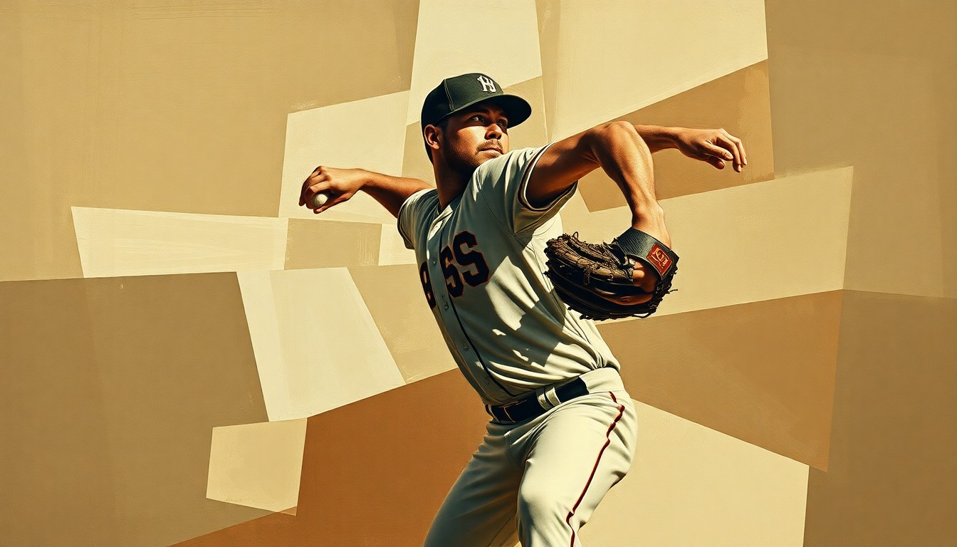 A fractured, geometric painting depicting the motion of a baseball pitcher in an abstract, cubist style, using muted earth tones to convey the intensity and drama of the moment.