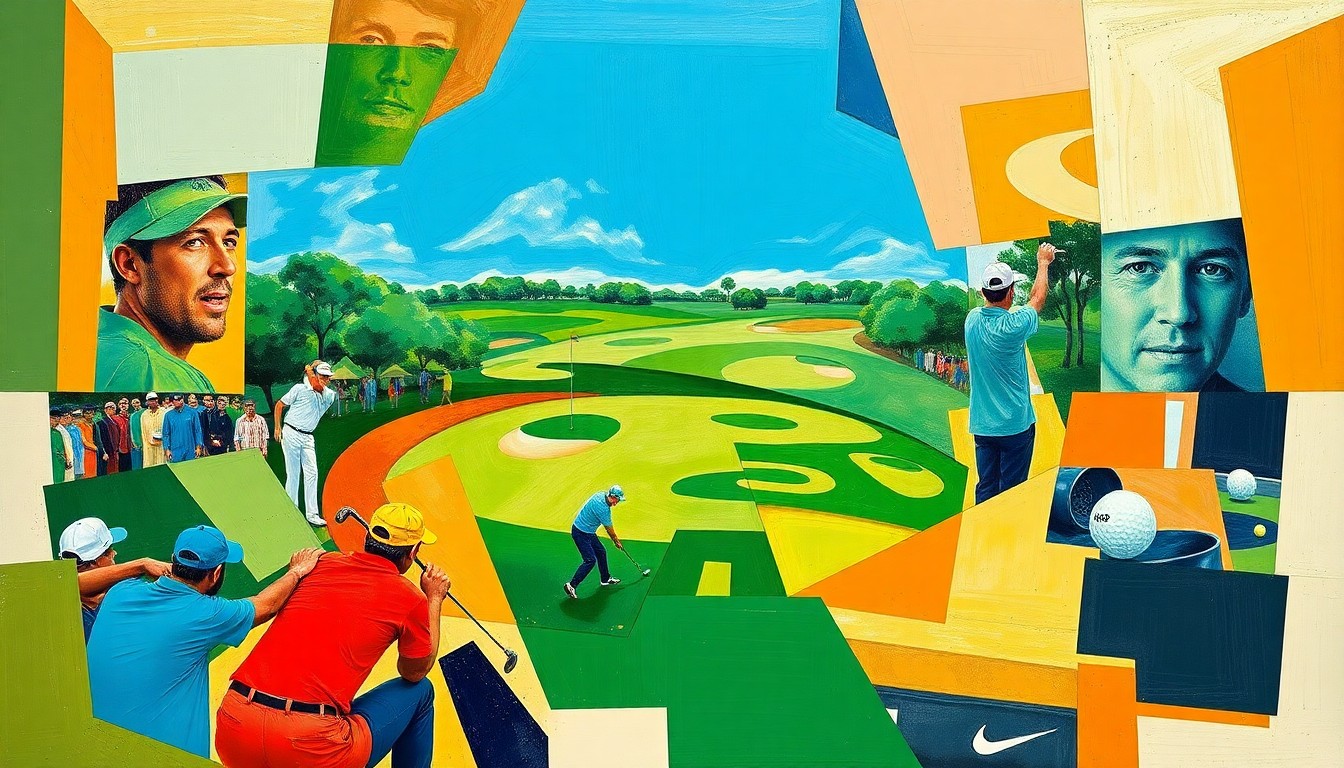 A fragmented, geometric painting in shades of green, blue, and brown, depicting the overlapping movements and perspectives of a golf competition.
