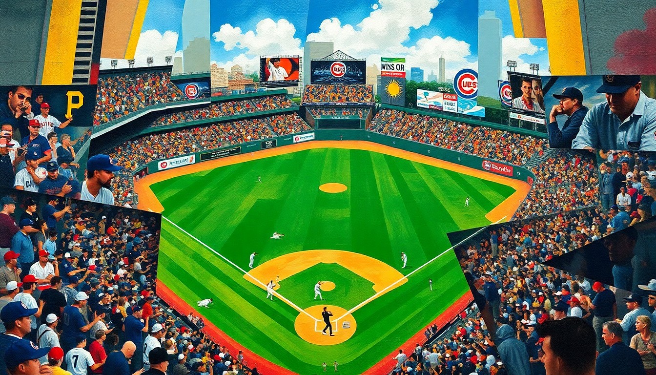 A fractured, multi-perspective painting featuring abstracted shapes and colors that represent the dynamic energy and tension of a baseball game between the Pittsburgh Pirates and Chicago Cubs.
