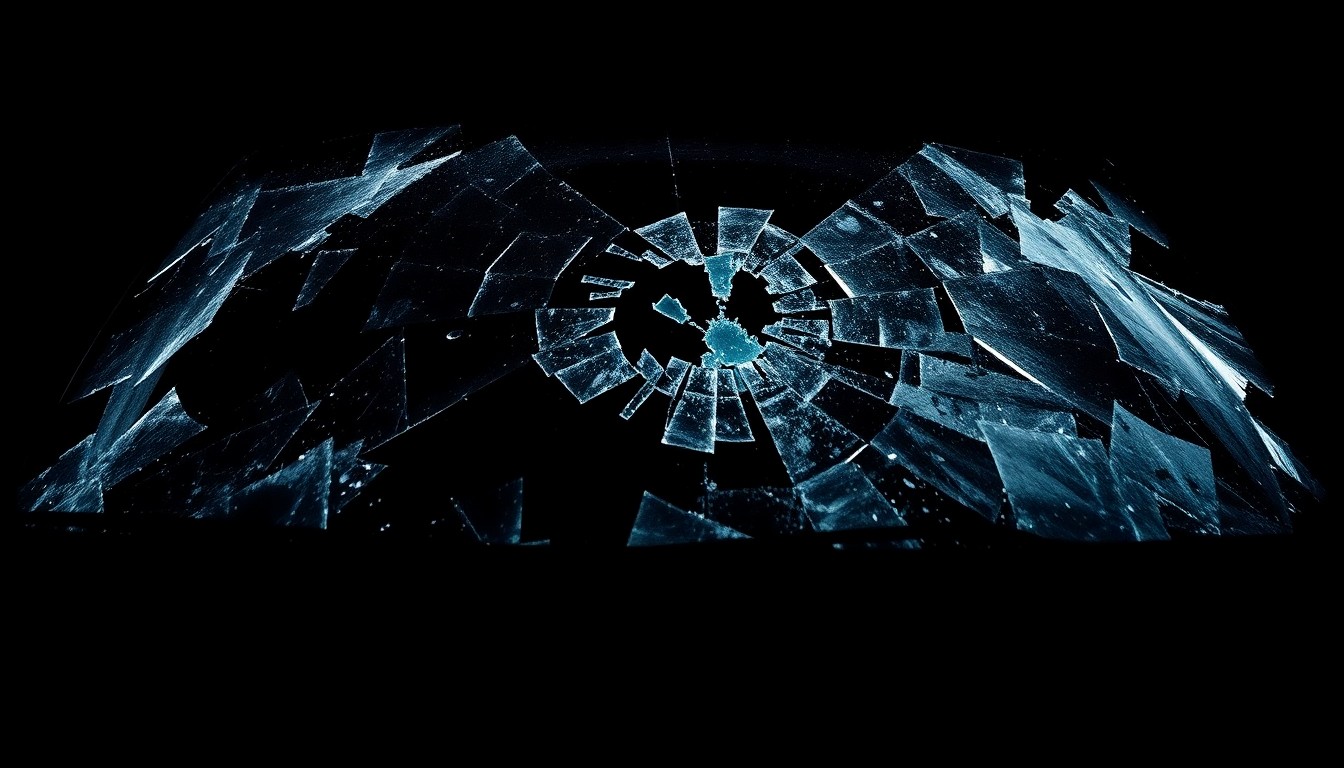 An extreme close-up photograph of a shattered car windshield or other damaged vehicle component, lit by a harsh, direct camera flash against a pitch-black background, conceptually illustrating the devastating impact of drunk driving.