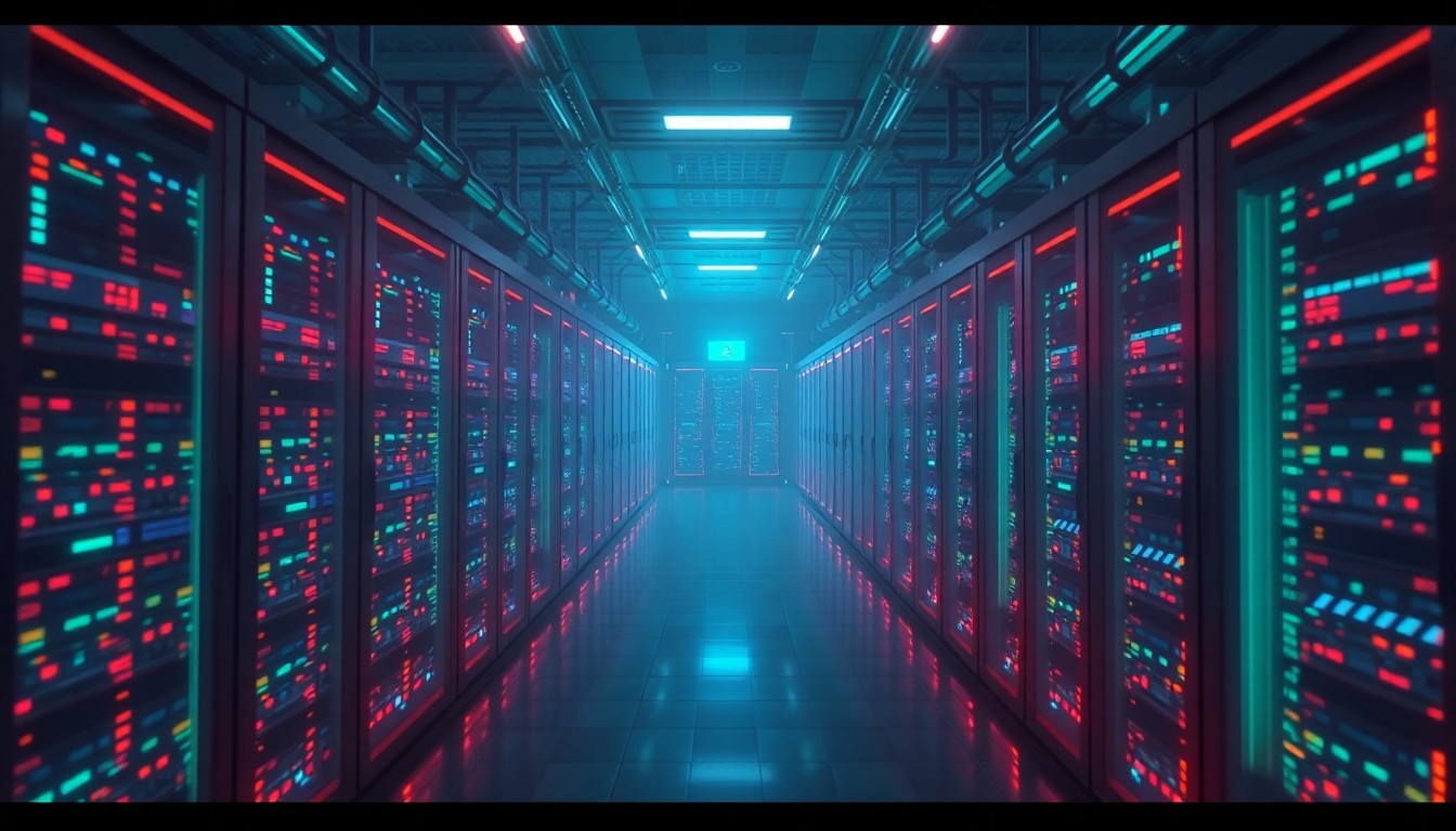 A highly detailed, glowing 3D illustration of a futuristic, neon-lit data center or server farm, representing the complex digital infrastructure behind Bethesda's game development and publishing operations. The scene is bathed in a moody, atmospheric palette of deep blues, purples, and greens, with hints of warm orange and red accents.
