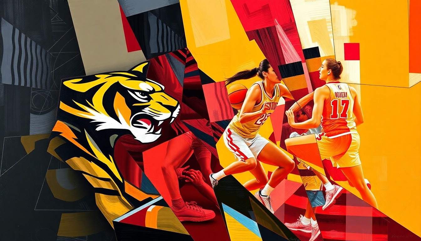 A fractured, cubist-style painting depicting the dynamic movements and energy of a women's basketball game, with the vibrant colors of the Missouri Tigers and Indiana Hoosiers uniforms breaking down into sharp, overlapping geometric shapes.