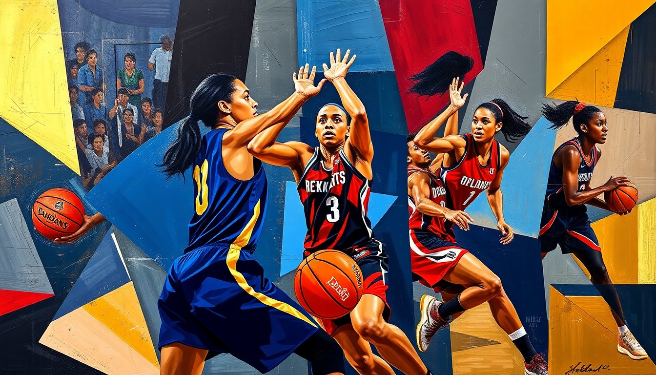 An abstract, cubist-style painting depicting the dynamic movements and energy of a WNBA basketball game, with the players' forms broken down into sharp, overlapping geometric shapes in a bold color palette.