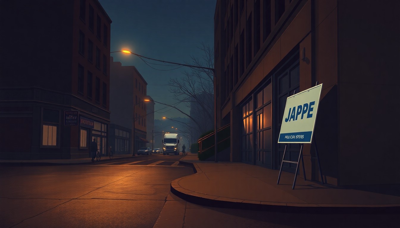 A serene, nostalgic painting of an empty city street corner at dusk, with warm light and deep shadows creating a contemplative mood, and a lone political campaign sign leaning against a building, conveying the disconnect between party politics and the concerns of everyday citizens.