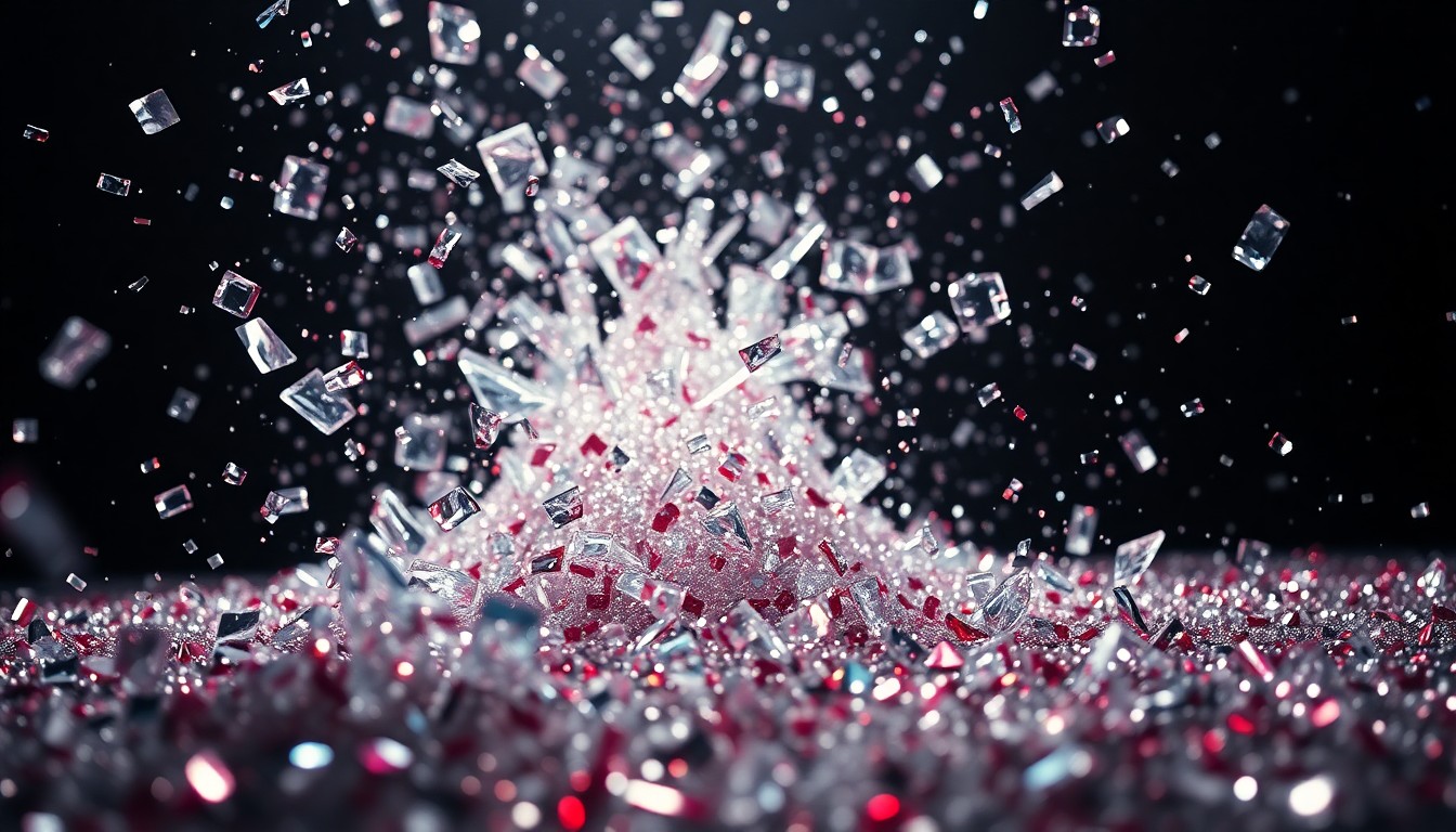 An abstract close-up image of shattered glass and glittering sequins in high-contrast studio lighting, conceptually representing the glamorous yet chaotic energy of the TV show 'Euphoria'.