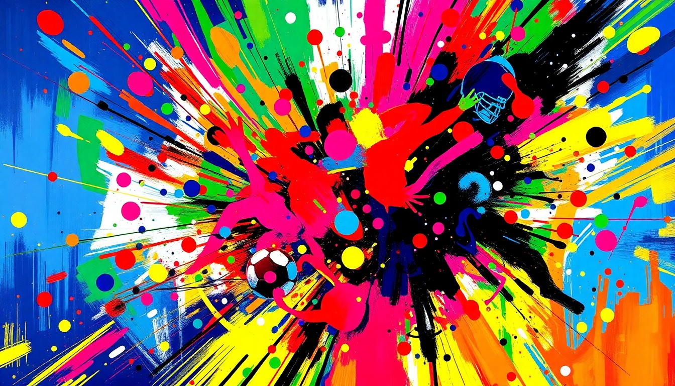 An abstract, expressionist painting in neon colors featuring dynamic brushstrokes and fragmented shapes, conveying the excitement and energy of sports betting.