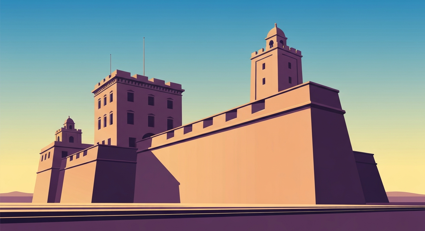 A bold, geometric illustration in the Art Deco style, depicting the towering, streamlined architecture of the Citadelle Laferriere fortress in Haiti, conveying the grand scale and imposing presence of this historic landmark without any literal depiction of people or text.