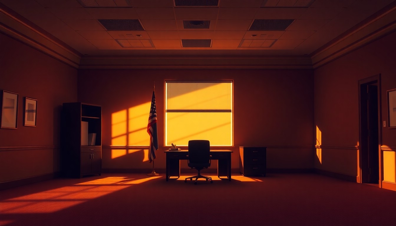 A quiet, cinematic painting of an empty government office space, with a lone desk and chair bathed in warm, diagonal sunlight and deep shadows, conceptually representing the complex dynamics of California politics.