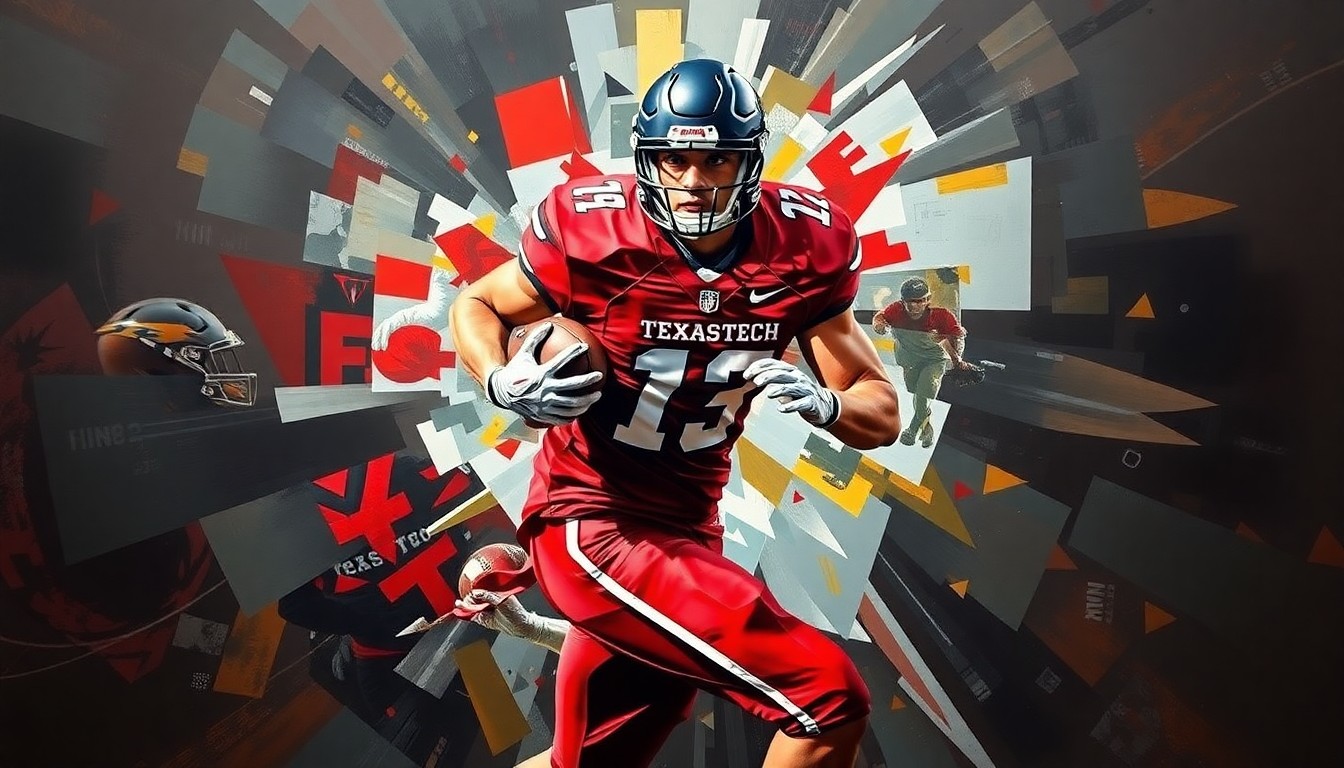 A fragmented, geometric painting depicting a college football player in motion, with sharp planes of red and black colors representing the Texas Tech team colors.