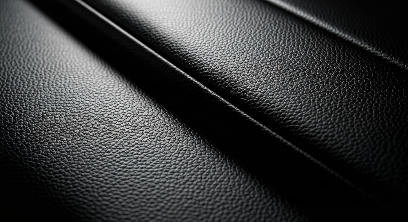 An extreme close-up of the intricate, patterned leather interior of a new Toyota vehicle, the texture and colors conveying the quality craftsmanship of the automotive design.
