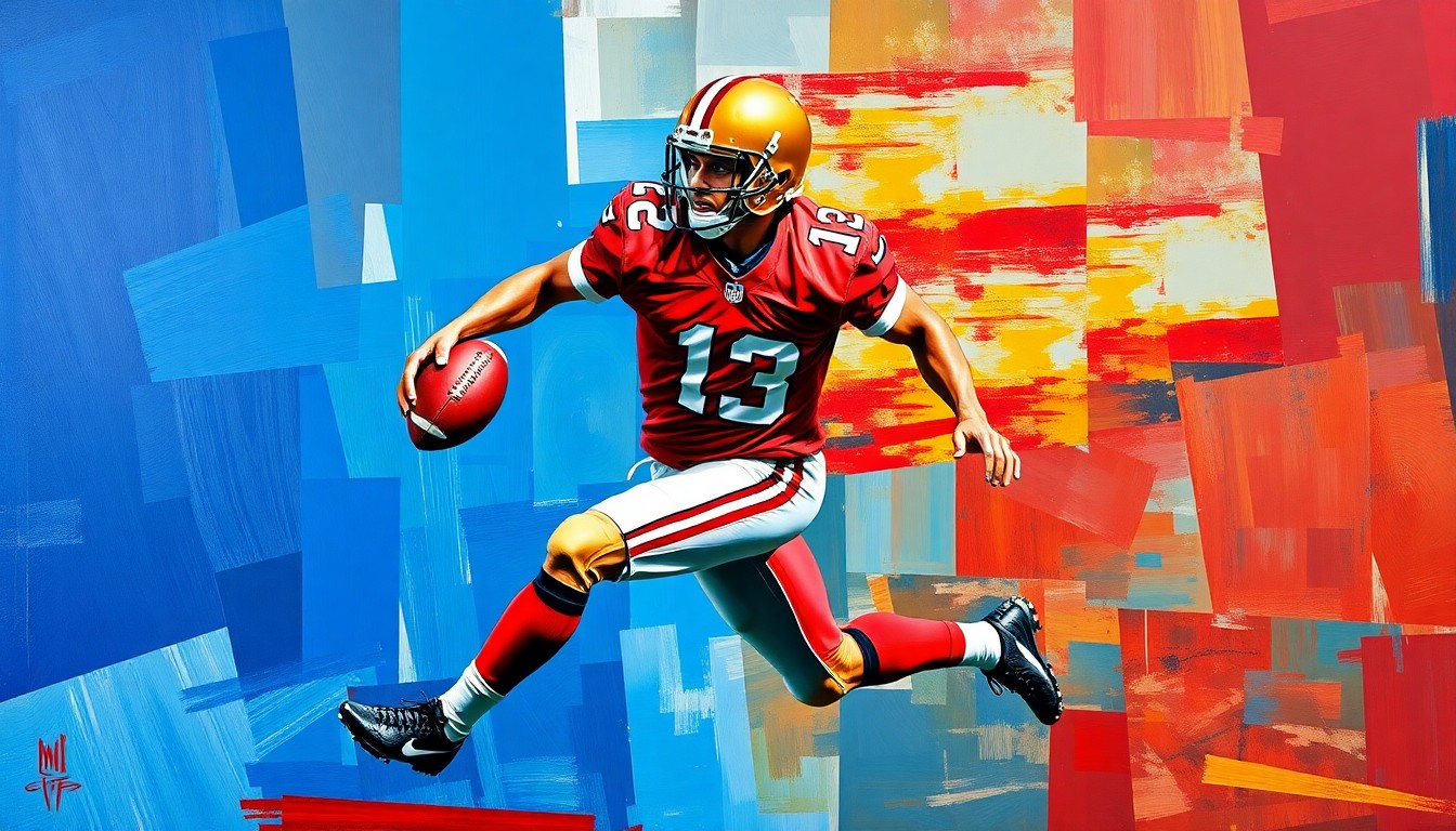 A fragmented, geometric painting depicting a football player in motion, with sharp planes of color and form that deconstruct the subject into an abstract, dynamic composition.