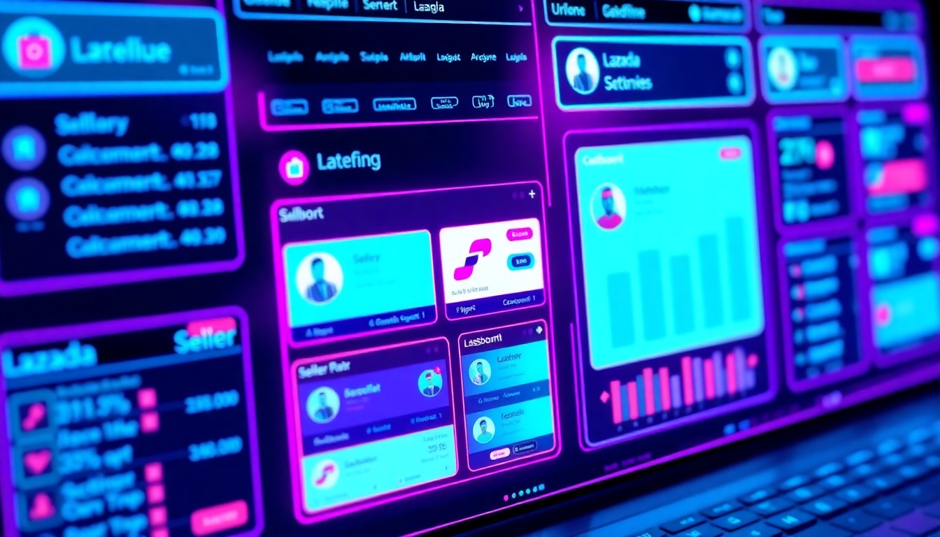 A highly detailed, glowing 3D illustration of a digital dashboard interface with multiple windows and panels representing different Lazada seller accounts, all illuminated by vibrant neon lights, conceptually representing the centralized management of cross-channel e-commerce operations.