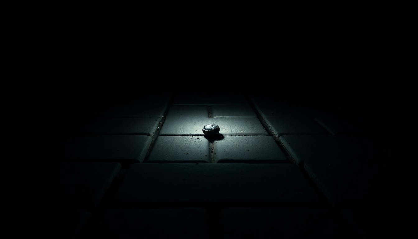 An extreme close-up photograph of a section of pavers with a single, unidentified object partially visible, lit by a harsh, direct camera flash against a pitch-black background, conceptually representing the discovery of hidden evidence in a potential crime scene.