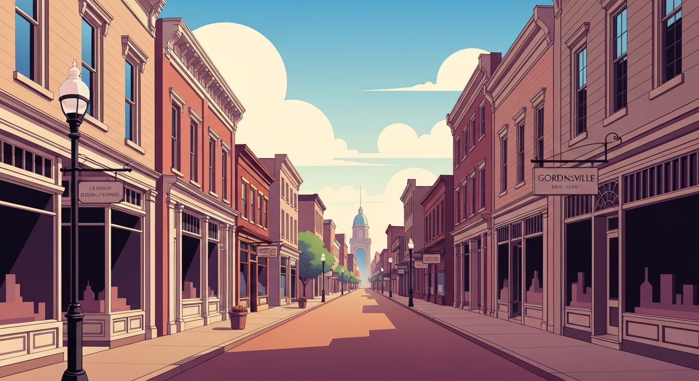 A bold, geometric illustration in the Art Deco style, depicting the sweeping, grand scale of Gordonsville's Main Street with its towering historic architecture and smooth, streamlined forms, capturing the town's blend of small-town charm and big-city amenities.