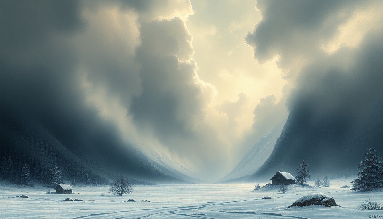 A sweeping, atmospheric landscape painting in muted tones of gray, white, and blue, depicting a vast, snowy expanse with towering, ominous clouds and a sense of overwhelming scale and power, conveying the raw energy of an impending winter storm.