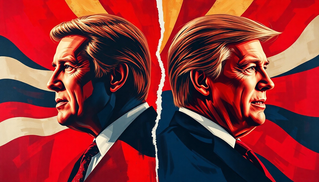 A vibrant, abstract painting featuring overlapping, fractured shapes in shades of red, blue, and gold, conveying a sense of political tension and disunity.