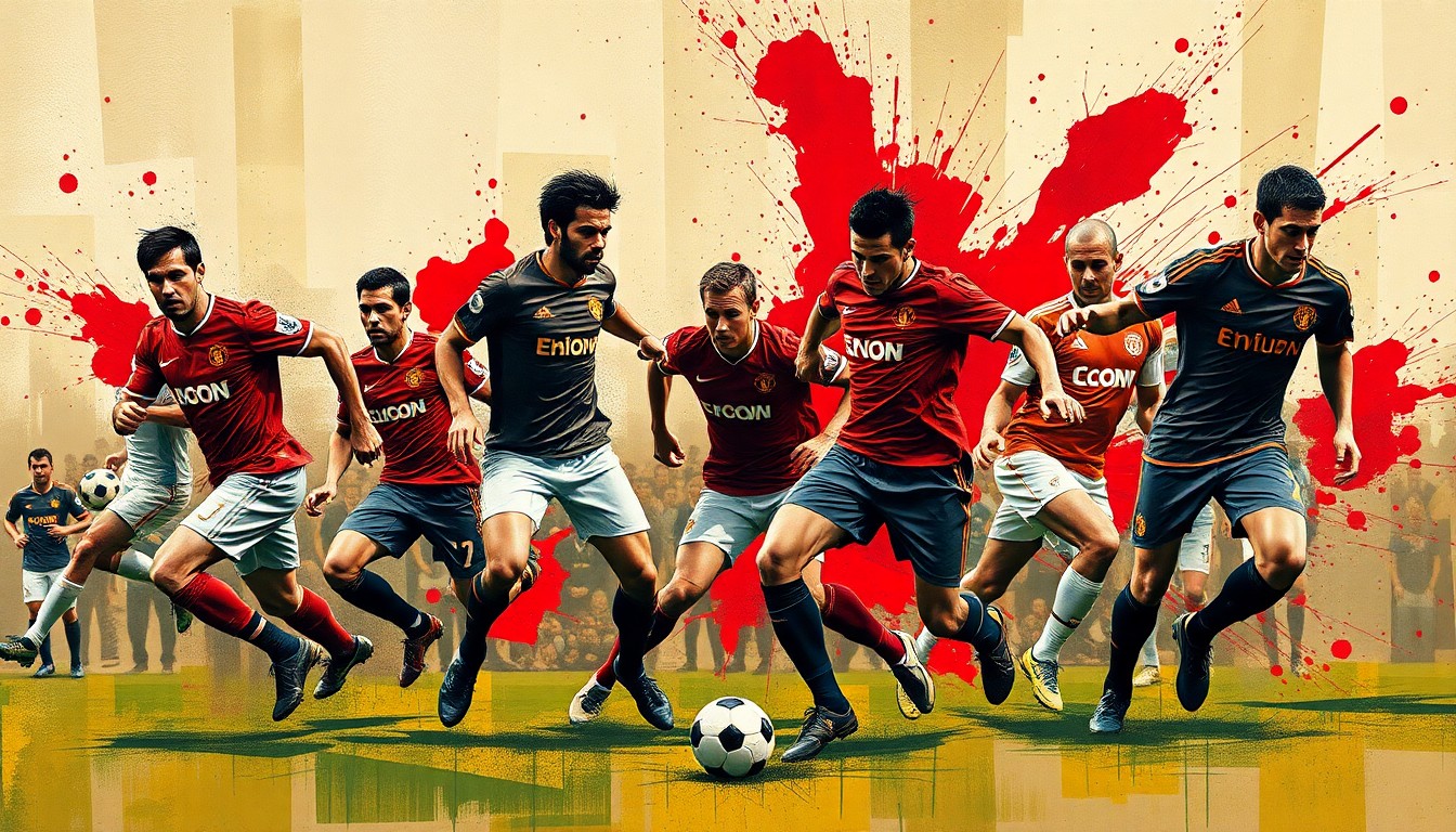 A fractured, multi-perspective painting in the style of Pablo Picasso, breaking a soccer match down into sharp, overlapping geometric planes. The players' forms are abstracted, with only hints of their movements visible, set against a background of earthy tones and bold splashes of red.