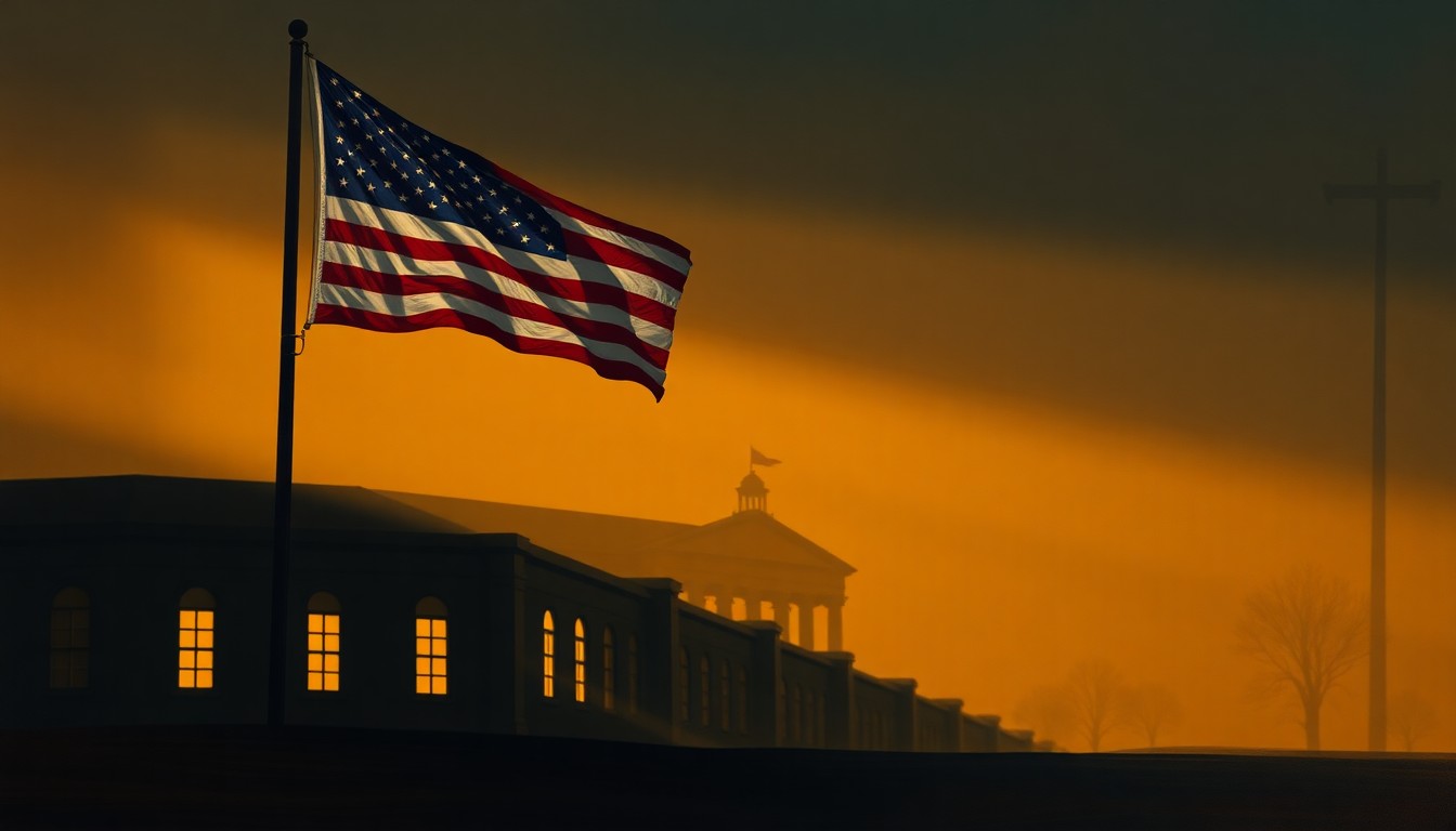 A cinematic painting depicting a lone, weathered American flag waving in the wind against the backdrop of a dimly lit, deserted government building, bathed in warm, diagonal sunlight and deep shadows, conceptually representing the tensions surrounding the Greenland dispute and the potential consequences of disregarding alliance commitments.