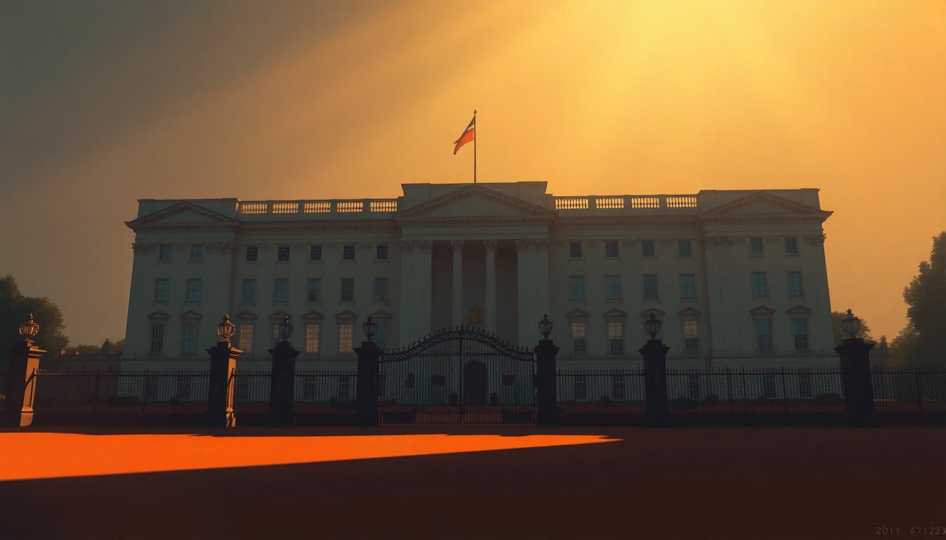 A serene, cinematic painting of the exterior of Buckingham Palace, with the grand building bathed in warm, golden sunlight and deep shadows, conveying a sense of solemnity and grandeur befitting the commemorative events honoring the late Queen's legacy.