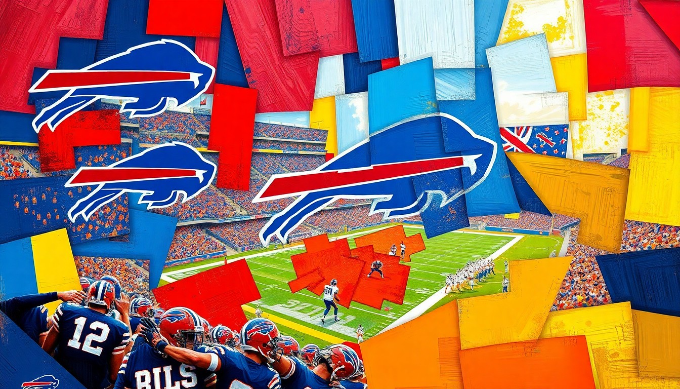 A cubist, geometric painting depicting a fragmented football stadium scene, with sharp, overlapping planes of royal blue, red, and gold colors representing the Buffalo Bills.