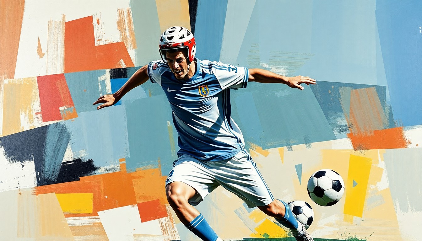 A fractured, cubist-style painting depicting a soccer player in action, with sharp, overlapping geometric planes capturing the dynamic movement and energy of the sport.