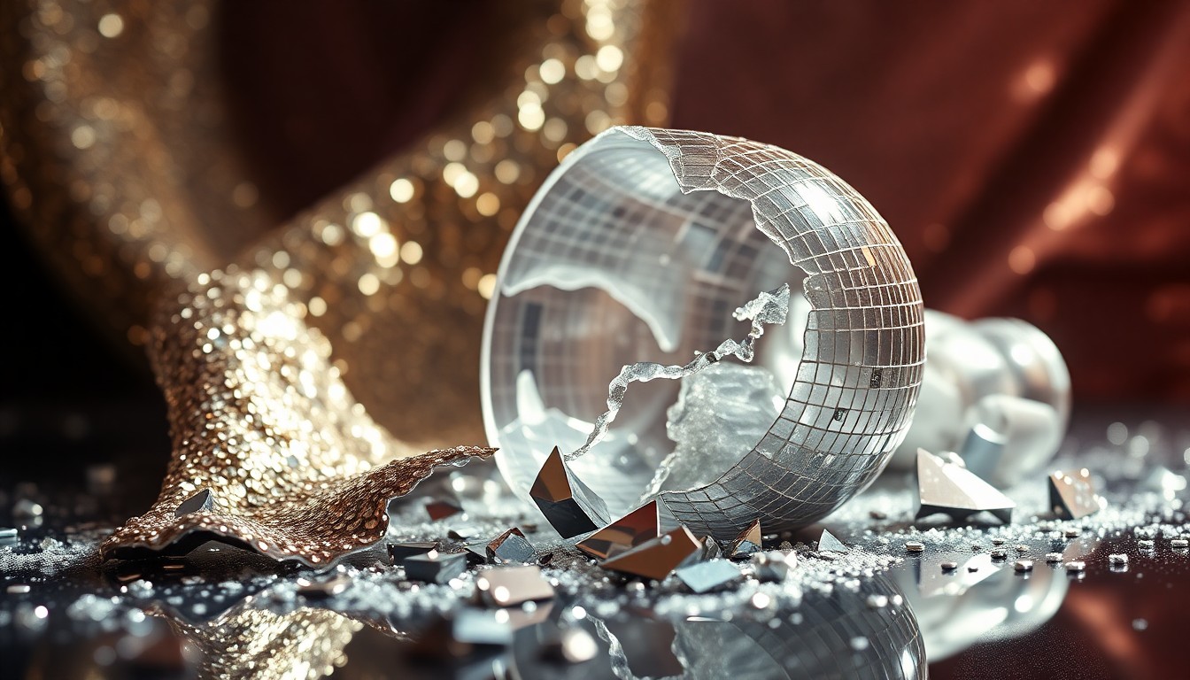 An extreme close-up of sparkling sequins and shattered glass, capturing the high-contrast glamour and fragility of celebrity culture.