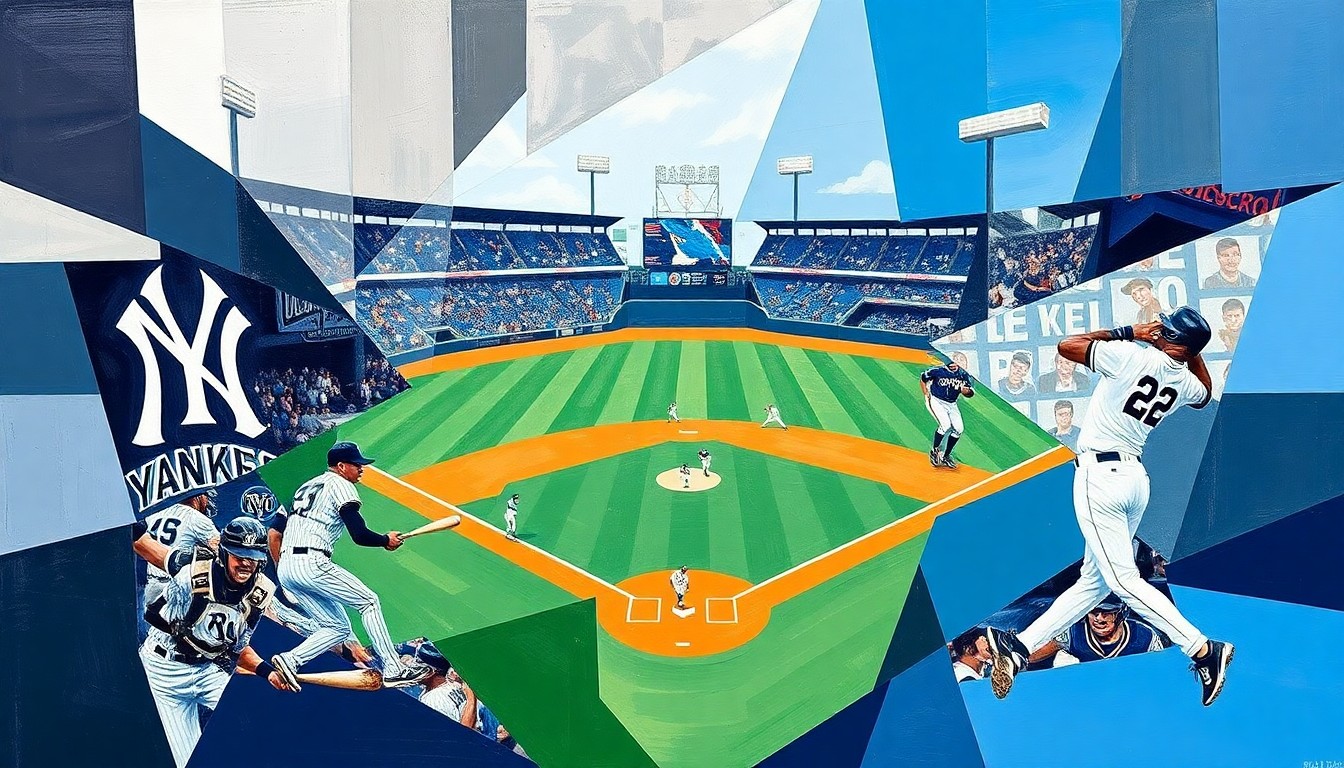 A fractured, multi-perspective painting breaking down a baseball game between the Yankees and Rays into sharp, overlapping geometric planes in the team's colors, capturing the competitive tension and shifting momentum of the divisional matchup.