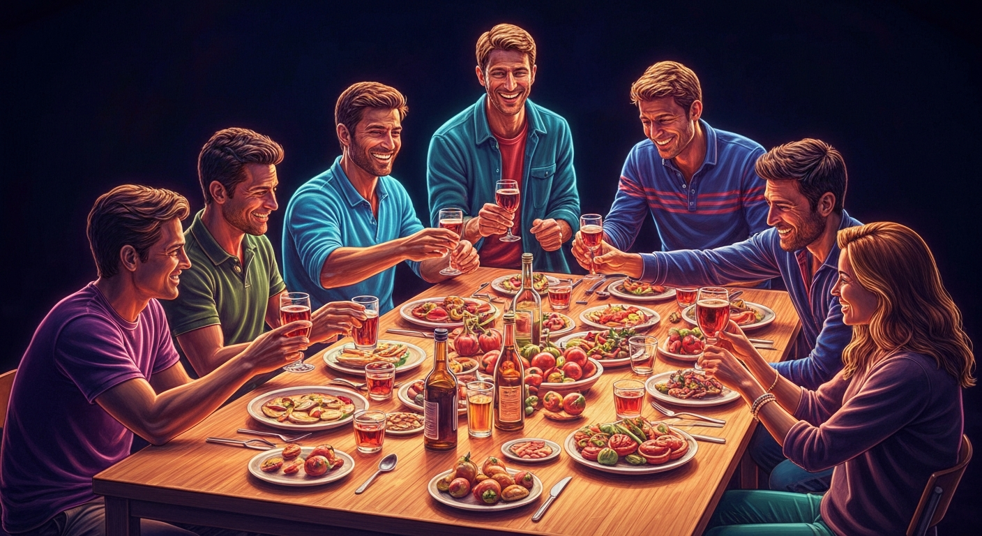 A minimalist, neon-outlined illustration of a group of people gathered around a table, their forms defined by glowing, vibrant lines against a dark background, capturing the energy and joy of a shared celebration.