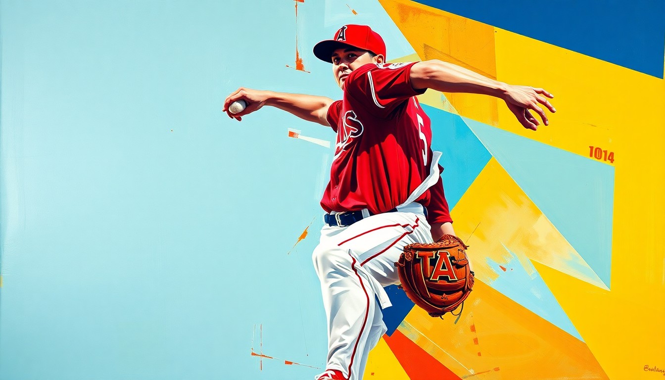 A cubist, multi-perspective painting depicting the motion of a baseball pitcher, broken down into sharp, overlapping geometric shapes in the Angels' team colors of red, white, and navy blue.