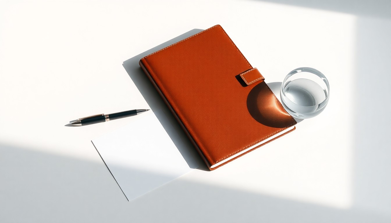 A high-end, photorealistic studio still-life photograph featuring a simple arrangement of premium business objects like a leather-bound notebook, metal pen, and glass paperweight on a clean, monochromatic background. The objects are dramatically lit with sharp shadows, conceptually representing the difficulties facing new enterprises.