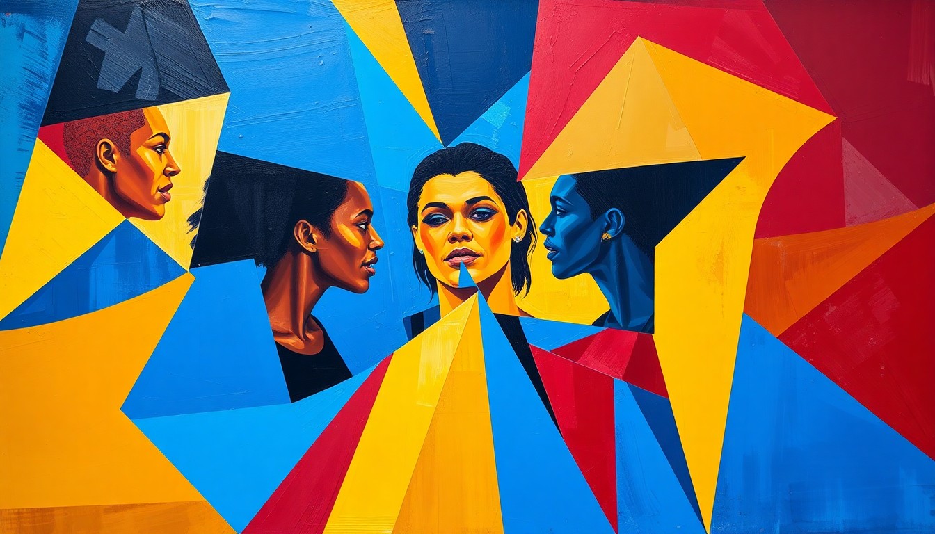 A cubist, geometric painting depicting an abstract WNBA draft scene, with the players' forms broken down into sharp, overlapping planes of vibrant blue, gold, and crimson, capturing the energy and excitement of the moment.