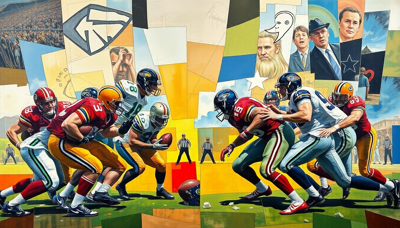 A fragmented, geometric painting depicting the complex interplay of offensive linemen, players, and football action, conceptually representing the strategic considerations behind the Detroit Lions' potential draft-day trade.