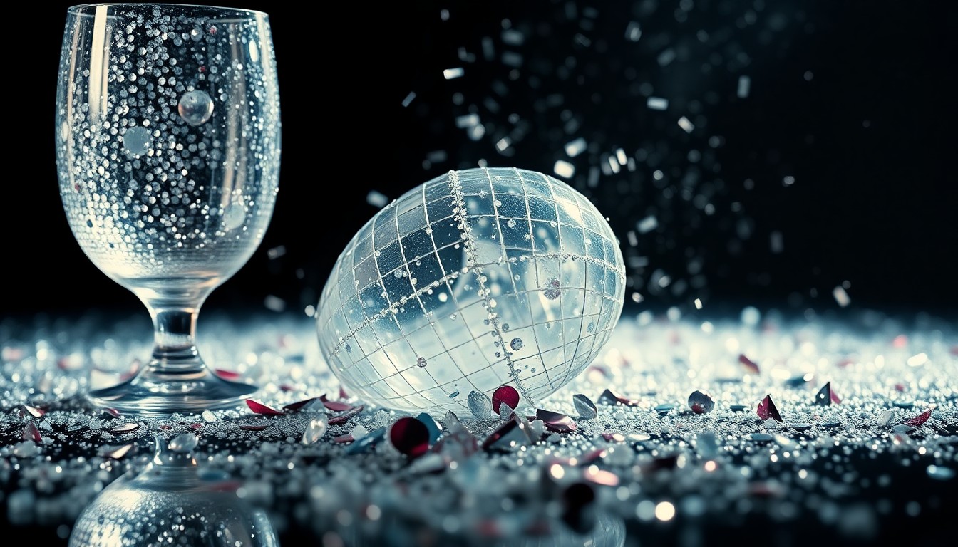 An extreme close-up of shimmering sequins and shattered glass, capturing the glamorous, high-contrast aesthetic of the independent film 'The Drama'.