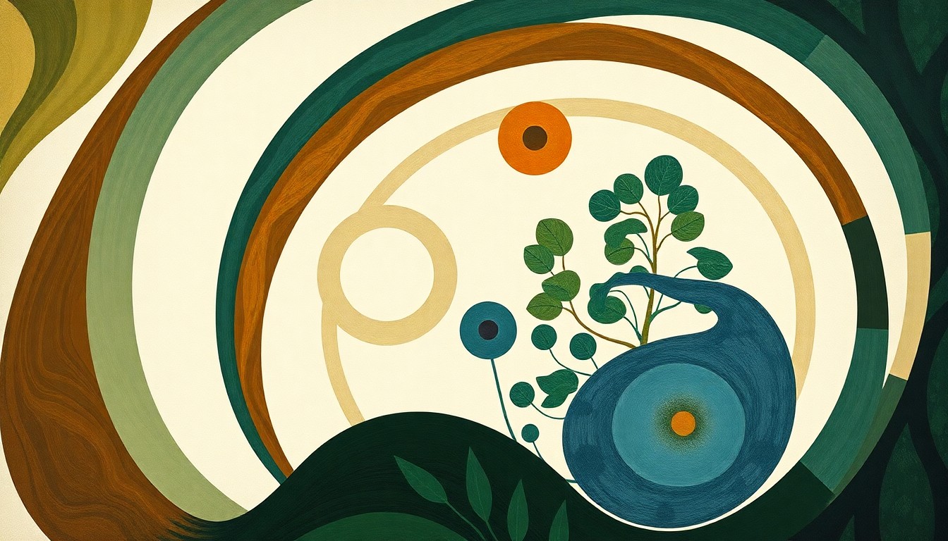 An abstract painting in earthy tones featuring sweeping geometric shapes and botanical spirals, conceptually representing the carbon cycle and sustainable forestry practices.