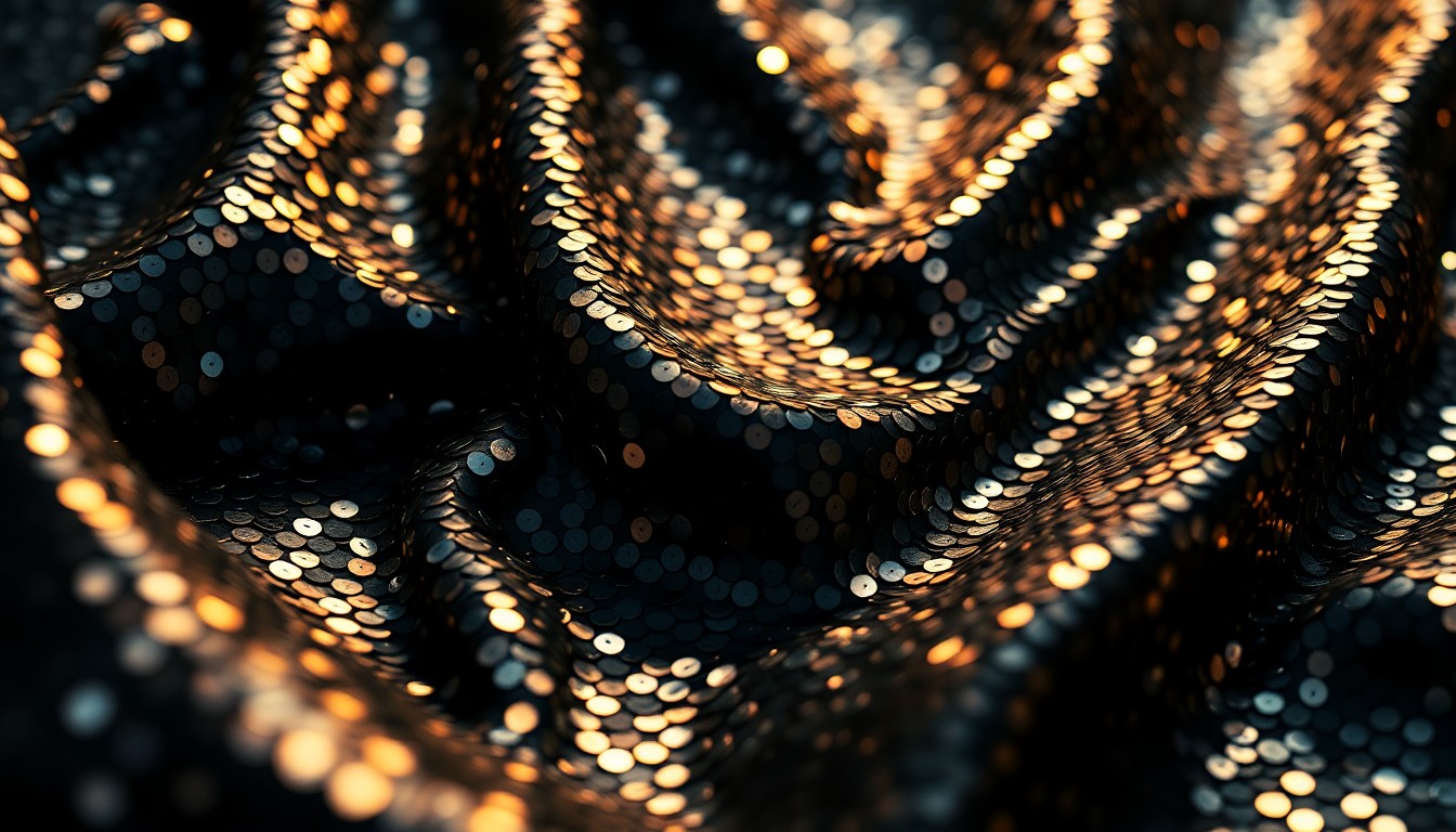 An extreme close-up photograph of a crumpled, shiny black sequin fabric, reflecting a soft, warm light. The texture fills the frame, creating an abstract, high-fashion aesthetic.