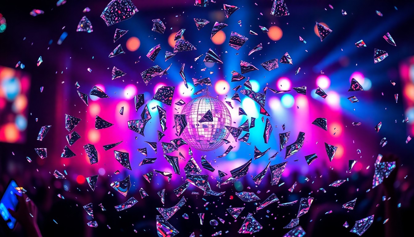 An extreme close-up of shattered glass shards reflecting colorful stage lights, conceptually representing the drama and divided reactions surrounding a major music festival performance.