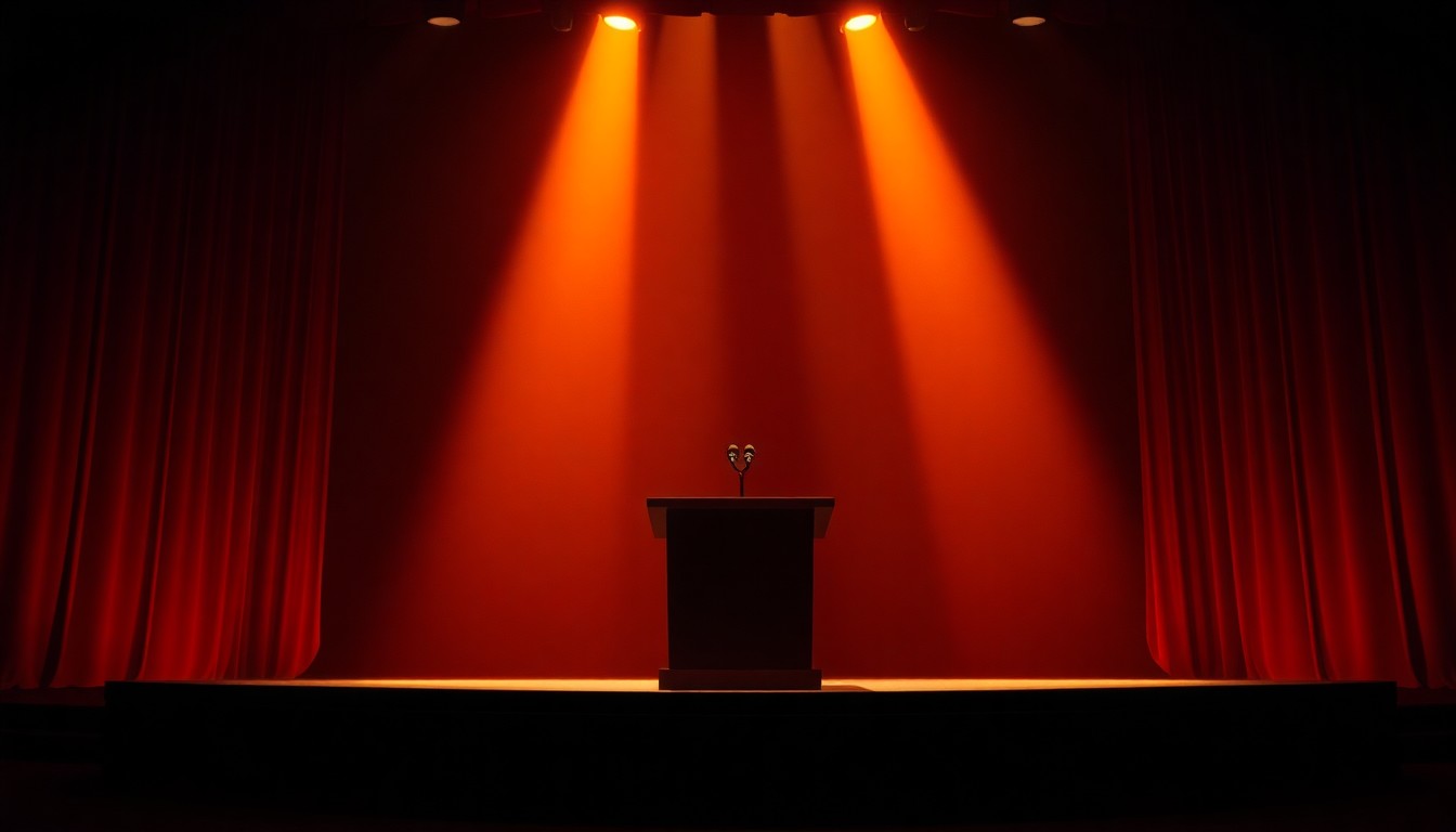 A cinematic painting of an empty podium on a dimly lit stage, with warm diagonal sunlight and deep shadows, conveying a sense of quiet anticipation before a political event.