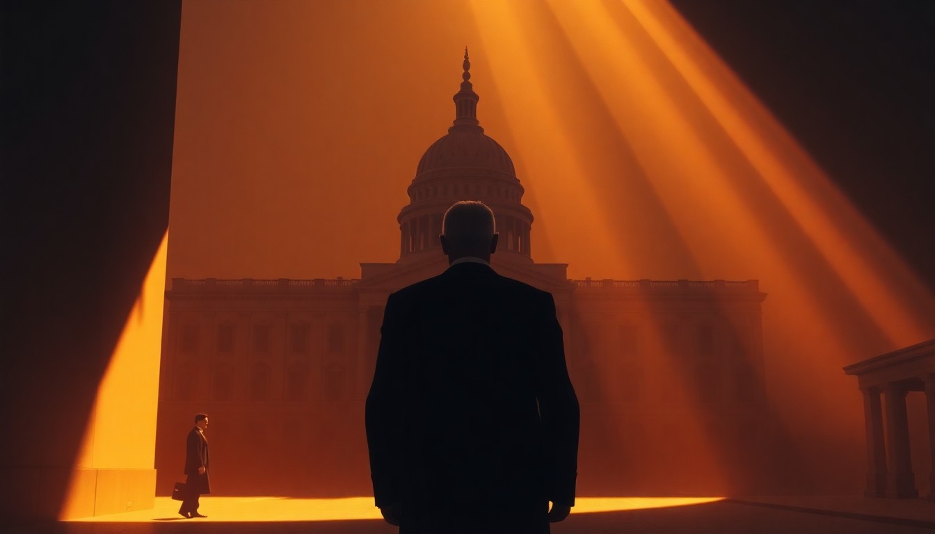A dimly lit, cinematic painting of a government building or political figure in a state of solitude, with warm light and deep shadows creating a sense of contemplation and unease.