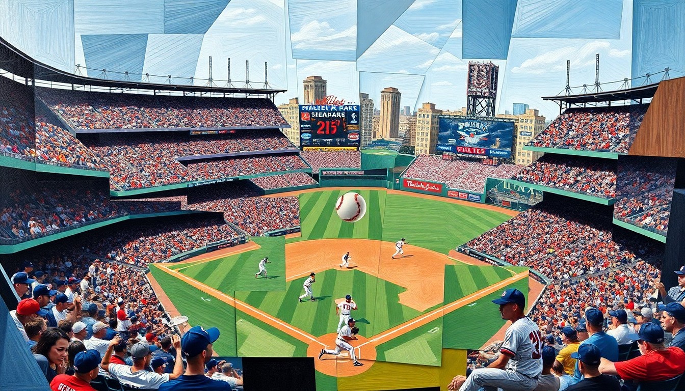 A fragmented, cubist-style painting depicting the motion and energy of a 'beep baseball' game at Fenway Park, with players, the ball, and the stadium architecture broken down into sharp, overlapping geometric shapes and planes.