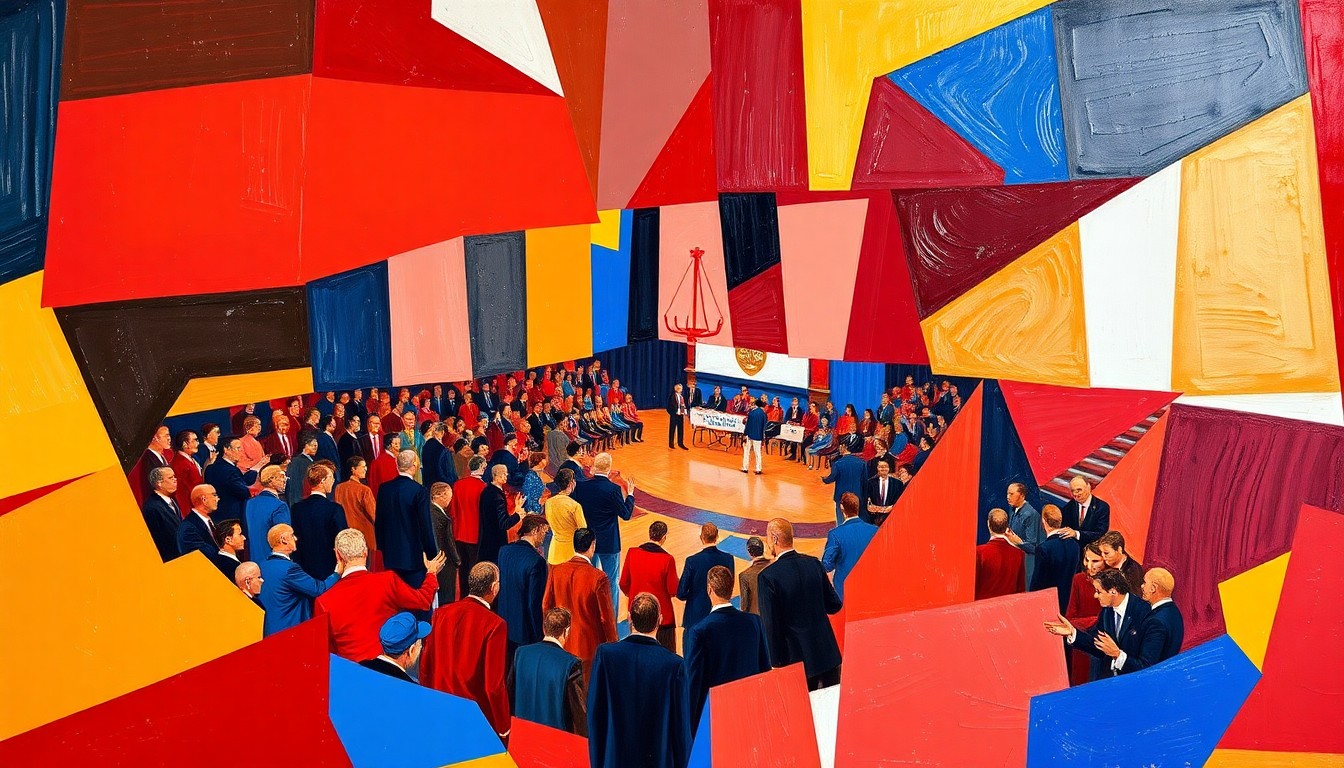 A fragmented, geometric painting in shades of red, blue, and gold, capturing the dynamic energy of a university sports awards ceremony through Picasso-esque cubist deconstruction.