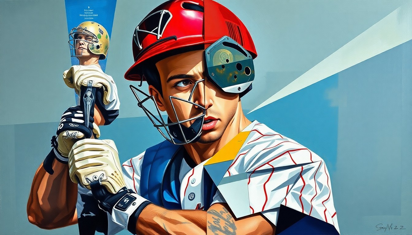 A fragmented, geometric painting depicting a baseball catcher in full gear, with sharp planes of color and form representing the player's athleticism and the game's intensity.