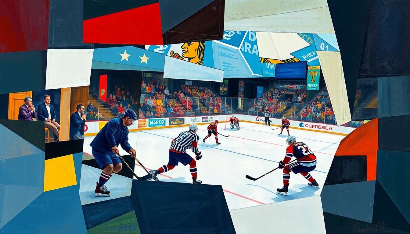 A cubist-style painting featuring fragmented, geometric shapes and planes in shades of blue, red, and yellow, representing the multifaceted nature of coaching and the dynamic energy of a hockey game.