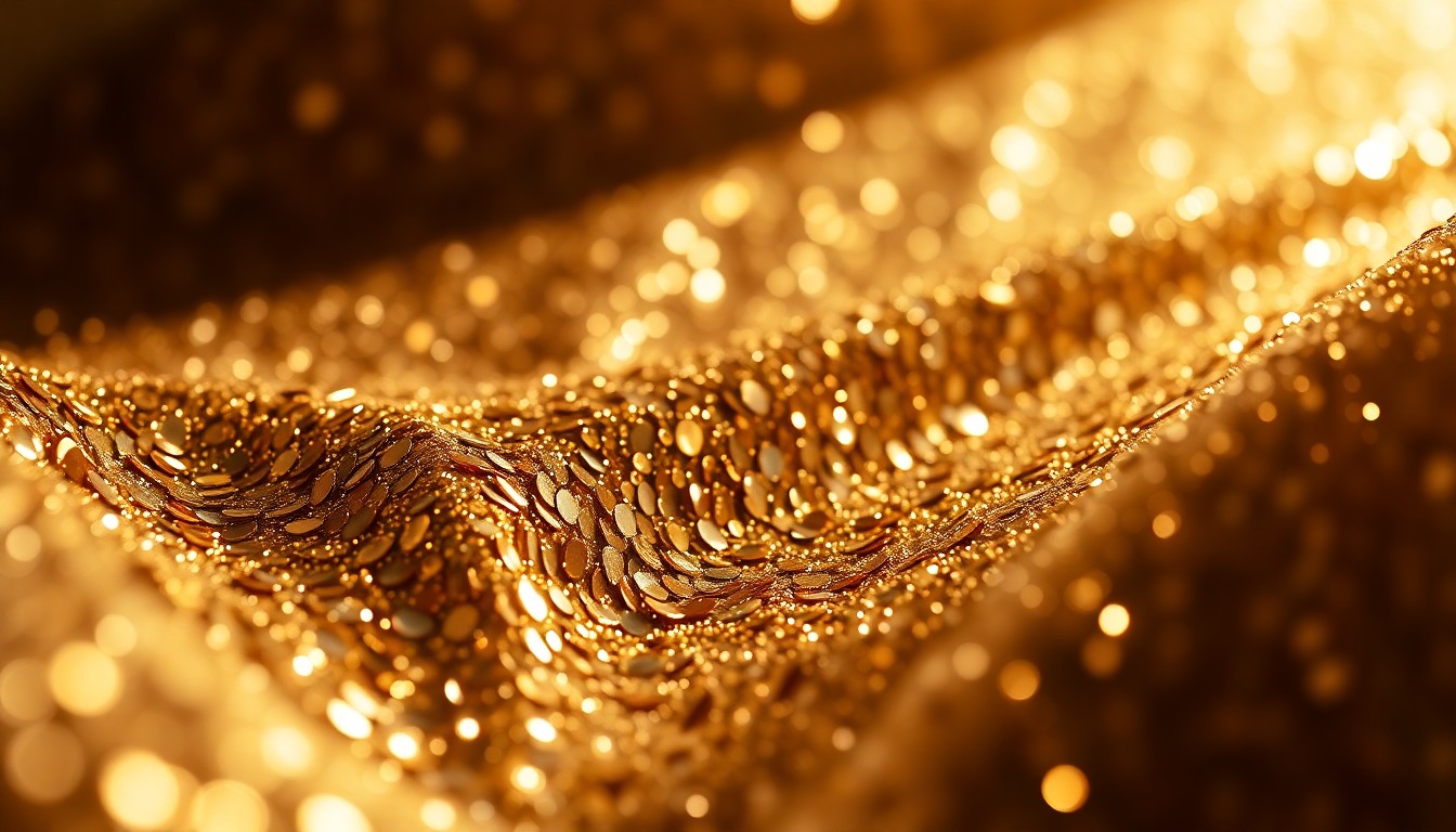 An abstract close-up photograph of shimmering, high-contrast sequins and glittering disco glass, conceptually representing the glamour and technical artistry of London's vibrant theatre scene.