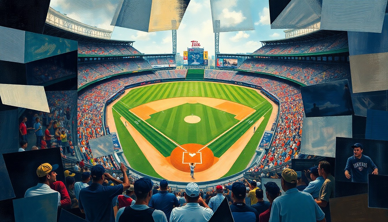 A fragmented, geometric painting depicting the motion and energy of a baseball game, with players and the field broken down into sharp, overlapping shapes and planes.