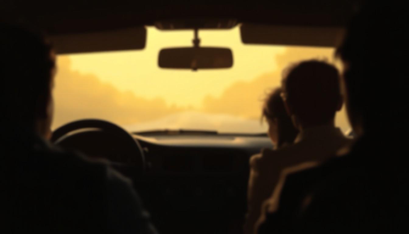 An abstract, impressionistic photograph of a car's interior, with blurred shapes and a warm, golden color palette suggesting the chaotic aftermath of a traffic accident.