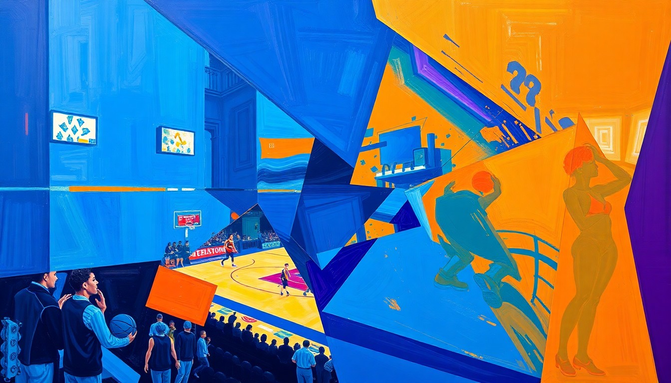 A cubist, geometric painting depicting a fragmented WNBA game or match, with overlapping planes of color and movement, conceptually representing the complex challenges facing the league and the need for balanced media coverage.