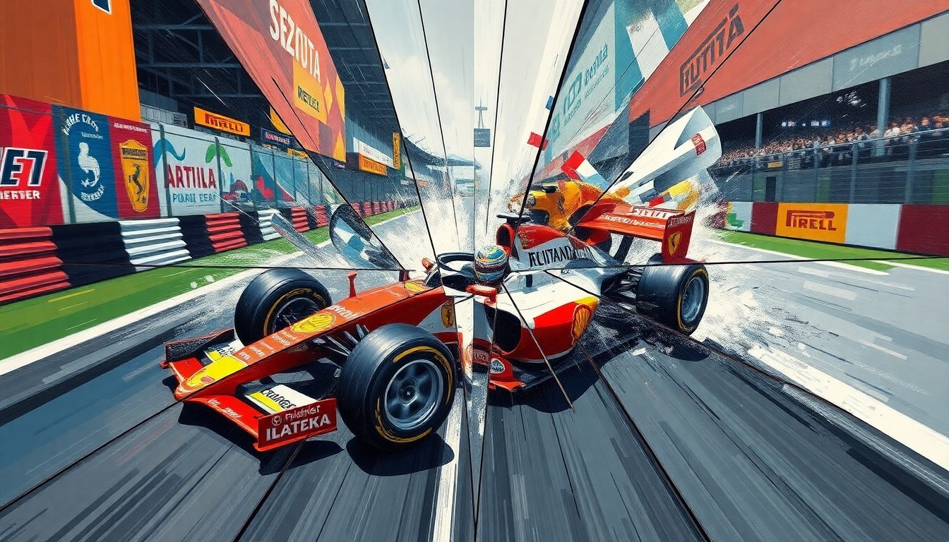 A fragmented, geometric painting depicting the chaotic moments of a high-speed Formula 1 crash, with the car's components and motion broken down into sharp, overlapping planes of color and form.