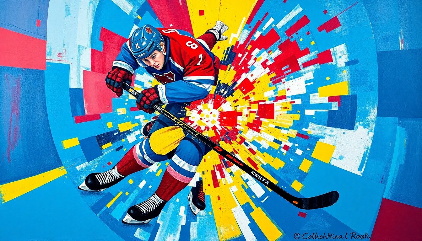 A fragmented, geometric painting depicting the chaotic moment of a hockey player's collision, with sharp planes of color and overlapping perspectives conveying the intensity and danger of the sport.