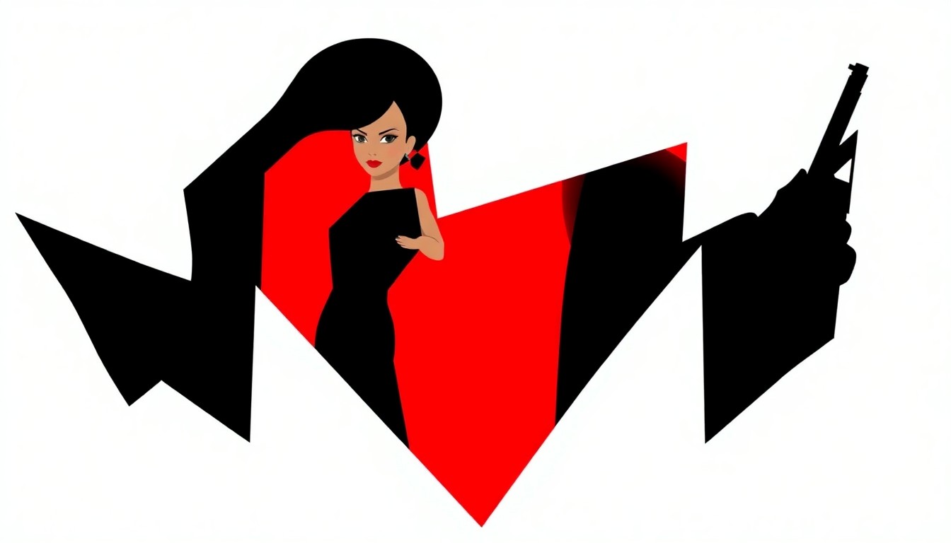 An abstract, minimalist illustration featuring sharp, geometric shapes and bold silhouettes in high-contrast colors, conceptually representing the idea of a female James Bond character.